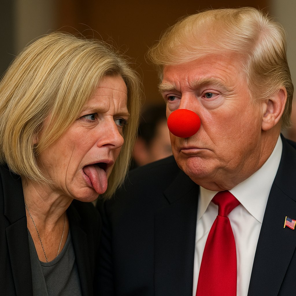 Clownscoin's tweet photo. Rachel Notley and her new clown-nosed Trump lookalike buddy are busy discussing “the future,” while she tours Florida like it’s a diplomatic mission. He wants Greenland, she wants selfies at Disney. Politics or circus… can anyone tell the difference? #ClownWorld #FloridaSummits