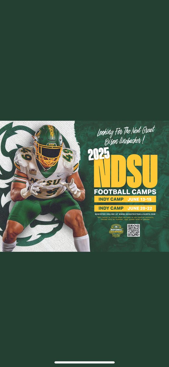 Thank <a href="/NDSUfootball/">NDSU Football</a> and Coach <a href="/DavidWienke15/">David Wienke</a> for the camp invite!