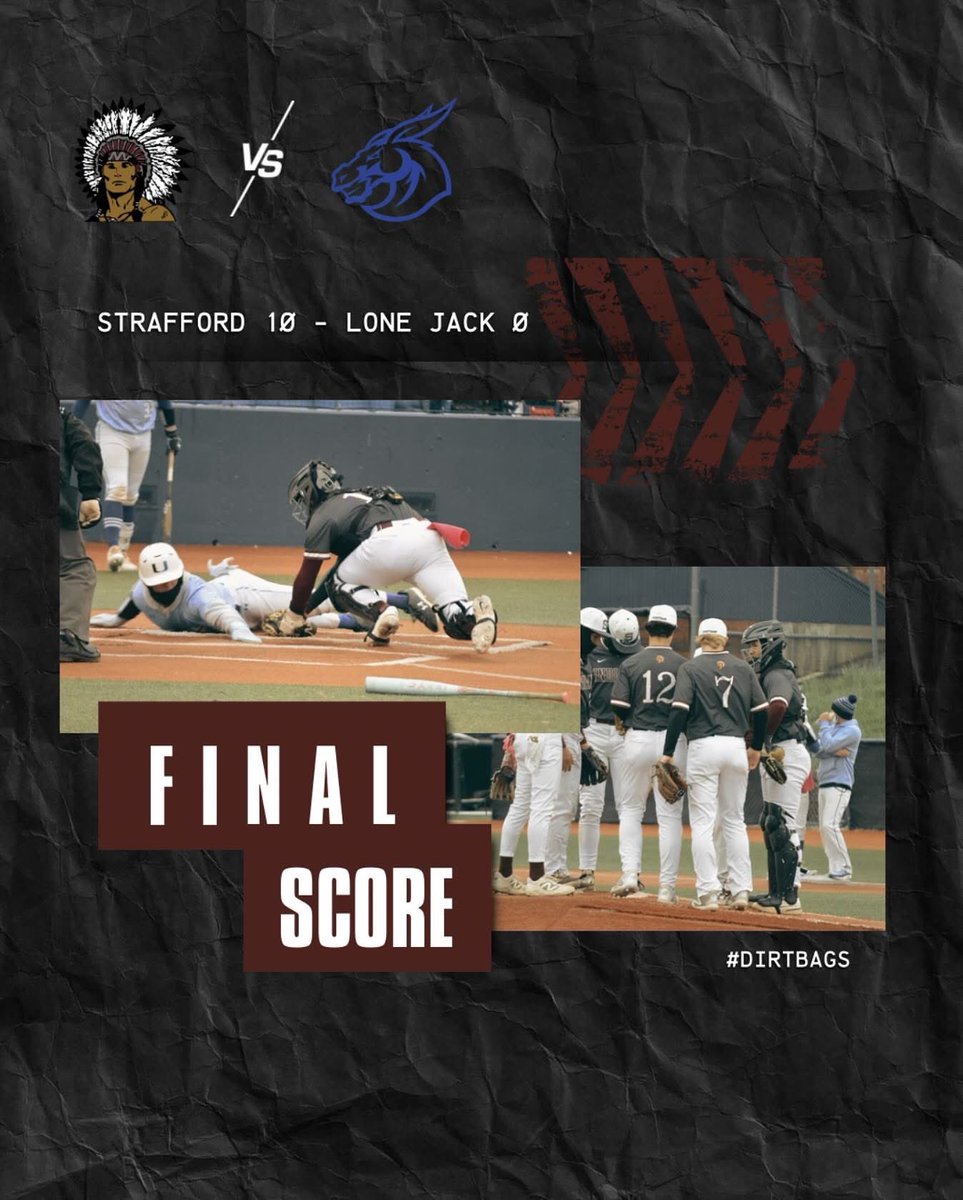 Final in 5 inn @ US Ballpark
Lone Jack 0
Strafford 10
WP- E Clark 4.2 IP 6H 7K
Crawford 2-3, Hunt 2-2
#theSTANDARC #DIRTBAGS  #StraffordStrong #GreatDayForBaseball
<a href="/OzarksOzone/">Ozarks Sports Zone</a>
