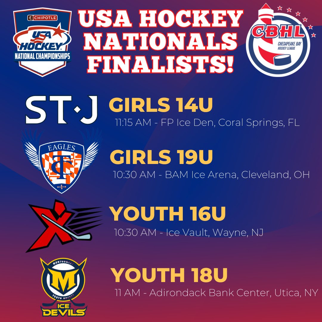 Chesapeake Bay Hockey League (@cbhl_hockey) on Twitter photo Tomorrow is Championship Sunday at <a href="/usahockey/">USA Hockey</a> Nationals and there will be FOUR CBHL teams competing! Congrats to the St. James, Tri-City Eagles, Ashburn Xtreme and Montgomery Ice Devils for reaching the finals in your age groups. Best of luck tomorrow! Tomorrow is Championship Sunday at <a href="/usahockey/">USA Hockey</a> Nationals and there will be FOUR CBHL teams competing! Congrats to the St. James, Tri-City Eagles, Ashburn Xtreme and Montgomery Ice Devils for reaching the finals in your age groups. Best of luck tomorrow!
