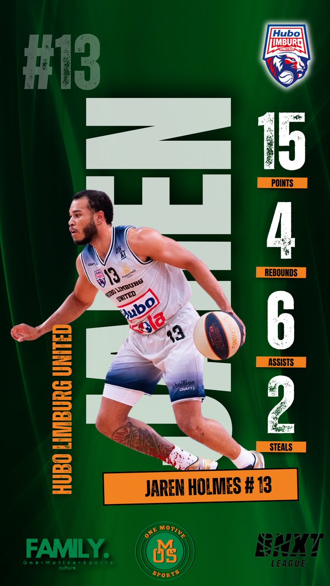 One Motive Sports (@onemotivesports) on Twitter photo Jaren Holmes <a href="/3BallJay/">Jaren Holmes</a> came up big today with 15 points, 6 assists, 4 rebounds and 2 steals as his Hubo Limburg United team won over Leeuwarden 98-89 in OT in Belgium-Netherlands BNXT League play! #OMS Jaren Holmes <a href="/3BallJay/">Jaren Holmes</a> came up big today with 15 points, 6 assists, 4 rebounds and 2 steals as his Hubo Limburg United team won over Leeuwarden 98-89 in OT in Belgium-Netherlands BNXT League play! #OMS