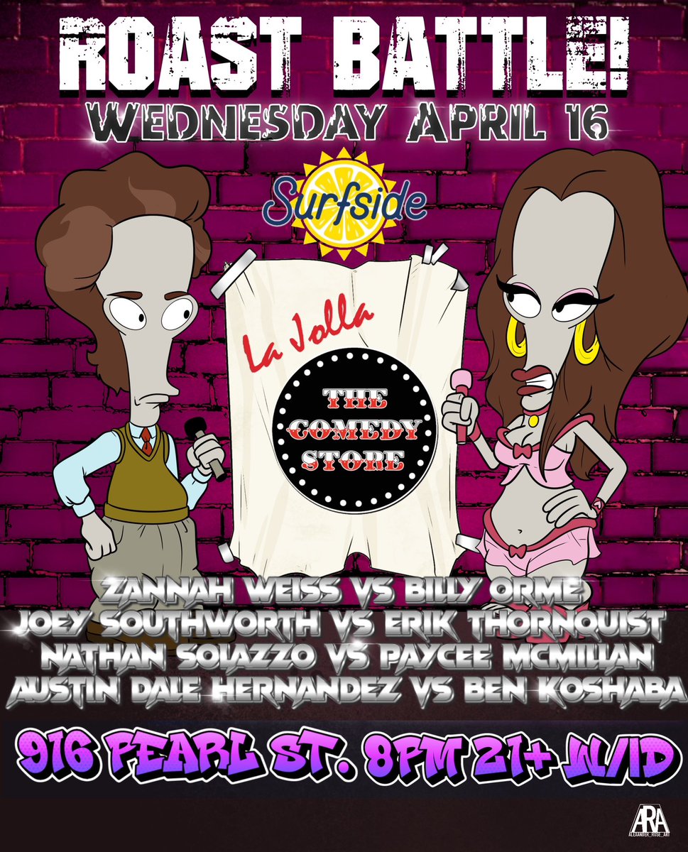 Next San Diego Roast Battle is Wednesday, April 16th <a href="/ComedyStoreLJ/">ComedyStoreLJ</a> featuring special guest judge <a href="/BijansComedy/">Bijan Mostafavi</a>! Tickets &gt;&gt;&gt; showclix.com/event/roast-ba… #roastbattle #sandiego #thecomedystore #lajolla (design by @RAROSE4U)