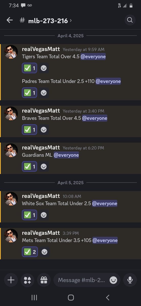 realVegasMatt's tweet photo. Extend our MLB win streak to 6 games Saturday⚾️🔥 with Mets Team Total Under 3.5 +105✅ Just posted a play for 2H #Final4 Houston vs Duke🏀

40-18 L58🏀
#NBA 86-72. 11-5 L16🔥
#CBB 79-61. 29-13 L42🔥
#NCAATournament 11-5
#MLB 273-216. 6W🔥
#NFL 50-38
#CFB 59-46 https://t.co/sfZmi3CFlc