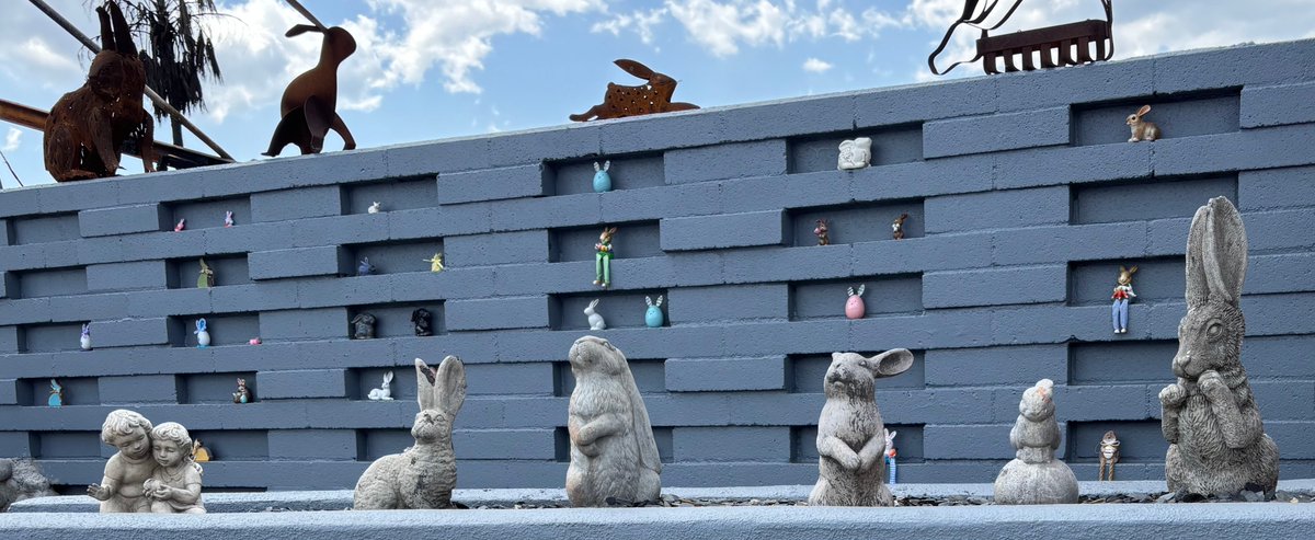 We've been working diligently to make the front of The Bunny Museum look like nothing happened. Therefore, it is very sad to discover that about 12 small bunnies on the wall were taken. This will not deter us, but it is still sad....