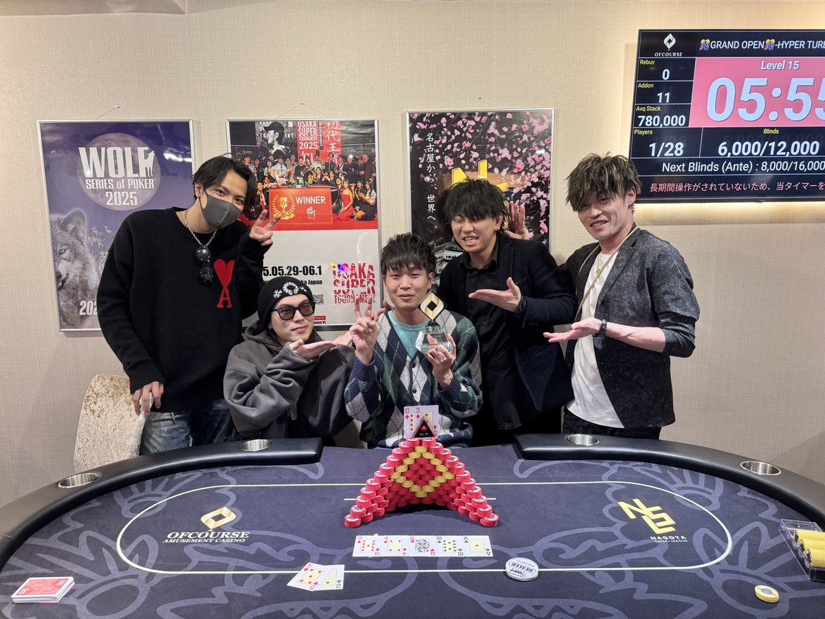 OFCOURSE_NAGOYA's tweet photo. 💎HIGH ROLLER💎

39エントリー✨

🥇優勝🏆モロ様

🥈タサさん様

🥉まちる様

4位 Hibiko様

_______________________________________

🌸MRNI MAIN🌸

118エントリー✨

🥇優勝🏆タナトス、様

🥈りこ様

🥉パーピン様

4位 NAYU様

5位 浜島崇様

6位 セネガル様

7位 かーふ様

_______________________________________

♠︎HYPER TURBO♠︎

28エントリー✨

🥇位　河口/S.E.S様

🥈位　西口　飛河様

🥉位　匿名様

_______________________________________

♦️SUPER HYPER TURBO♦️

16エントリー✨

🥇位　匿名様

🥈位　ライトニングシャミ様

_______________________________________

☆☆★☆☆★☆☆★☆☆★☆☆★☆☆★☆☆★☆☆

明日も13:00〜グランドオープントナメです‼️‼️
沢山のご来店お待ちしております🙇‍♂️

☆☆★☆☆★☆☆★☆☆★☆☆★☆☆★☆☆★☆☆

#OFCOURSE  #OFCOURSE  #もちろん
#ポーカー　#poker   #カジノ
#名古屋　#栄　#プレオープン　#グランドオープン