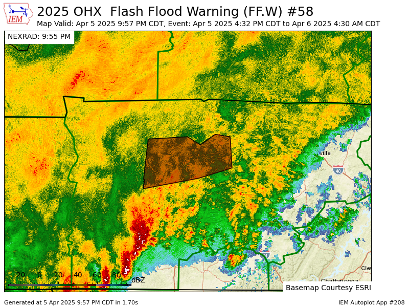 NashSevereWx's tweet photo. OHX extends time of Flash Flood Warning [flash flood: radar indicated] for Cheatham, Davidson, Dickson, Rutherford, Sumner, Williamson, Wilson [TN] till Apr 6, 4:30 AM CDT https://t.co/a3Xnwh4Put https://t.co/msEAGU99CZ