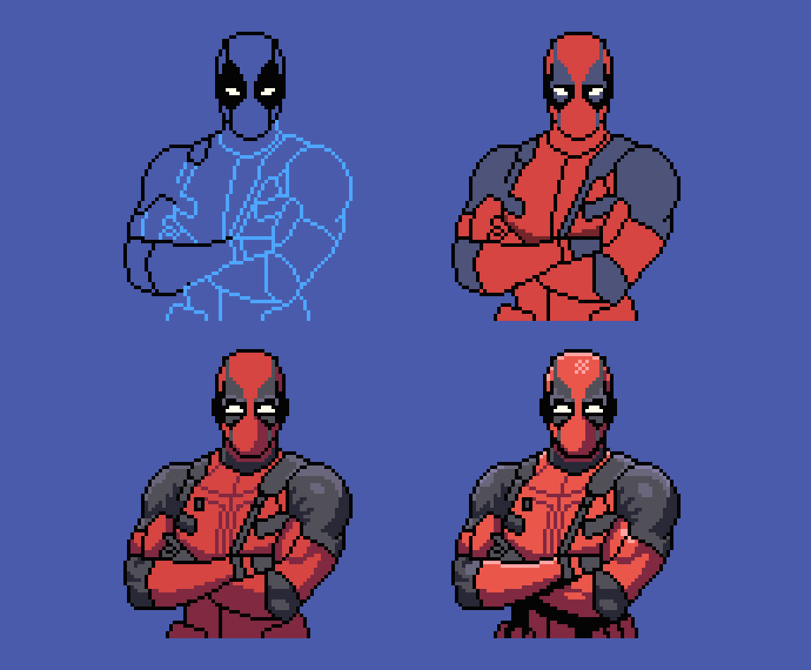 OmelPixelaArt's tweet photo. Trabajando en algunos materiales para el siguiente tutorial de mi curso de pixel art.
#pixelart #deadpool #portrait https://t.co/SJWTEkfeyj