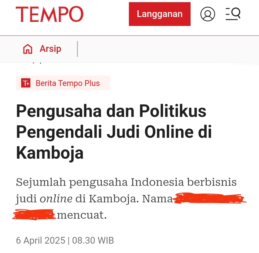 Nama politisi dalang pengendali judi online di Indonesia sudah diungkap Tempo di laporan hari ini 6 April 2025. Cek saja sendiri, gw ga berani frontal deh wkwkwk.