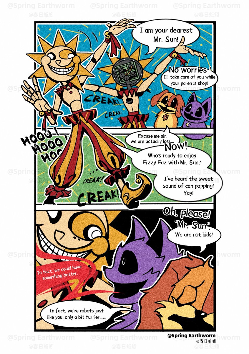 SpringEarthworm's tweet photo. A short comic of #PoppyPlaytime &amp; #FNAF Hope u dig it😉
#PoppyPlaytimeChapter3 #poppyplaytimefanart #PoppyPlaytime3  #dogday #catnap #CatDog  #sundropfnaf #FiveNightsAtFreddys #fnaffanart #fnafsecuritybreach #securitybreach #sundrop #moondrop #daycareattendant #fnafsb https://t.co/SmQI5TtLBE