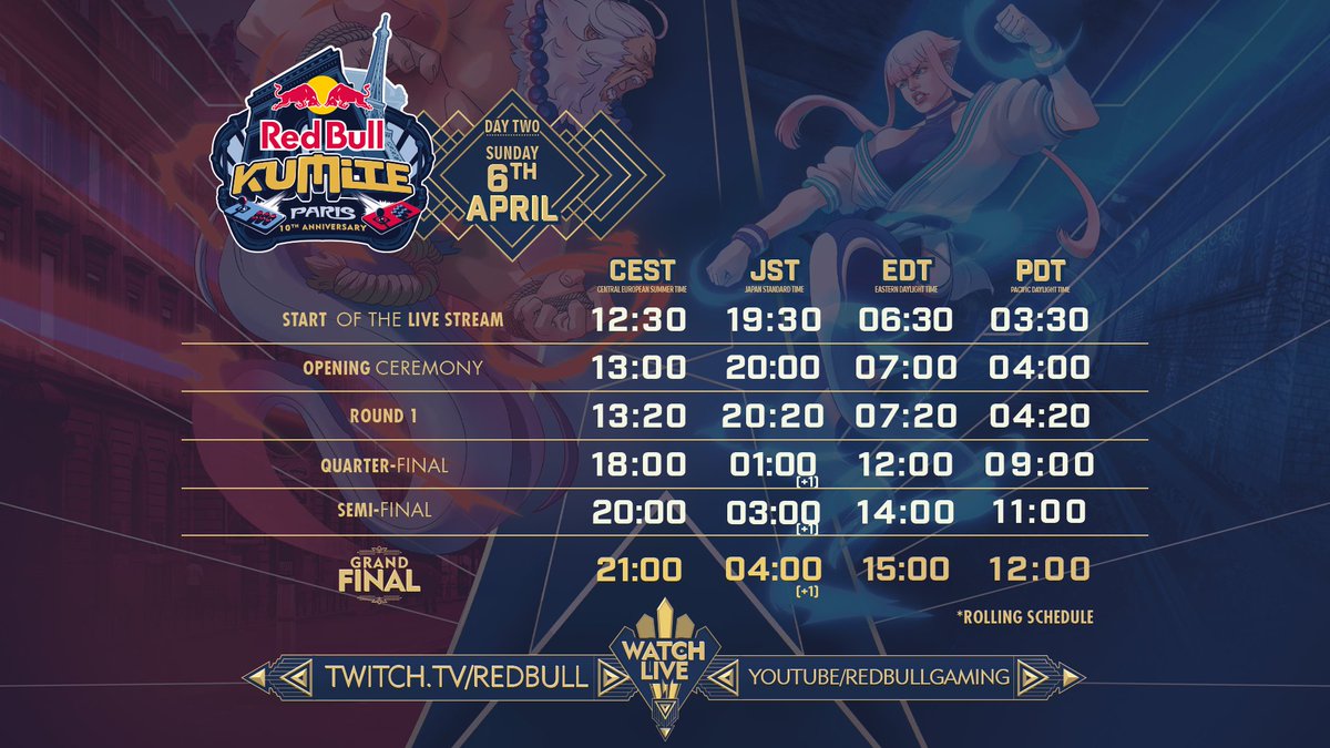 Red Bull Kumite Paris DAY2
本戦 

⏰️ 4/6(日) 20:00～ 

▼配信先 
twitch.tv/redbulljp
youtube.com/live/fDNsMYFyy…

#RedBullKumite2025