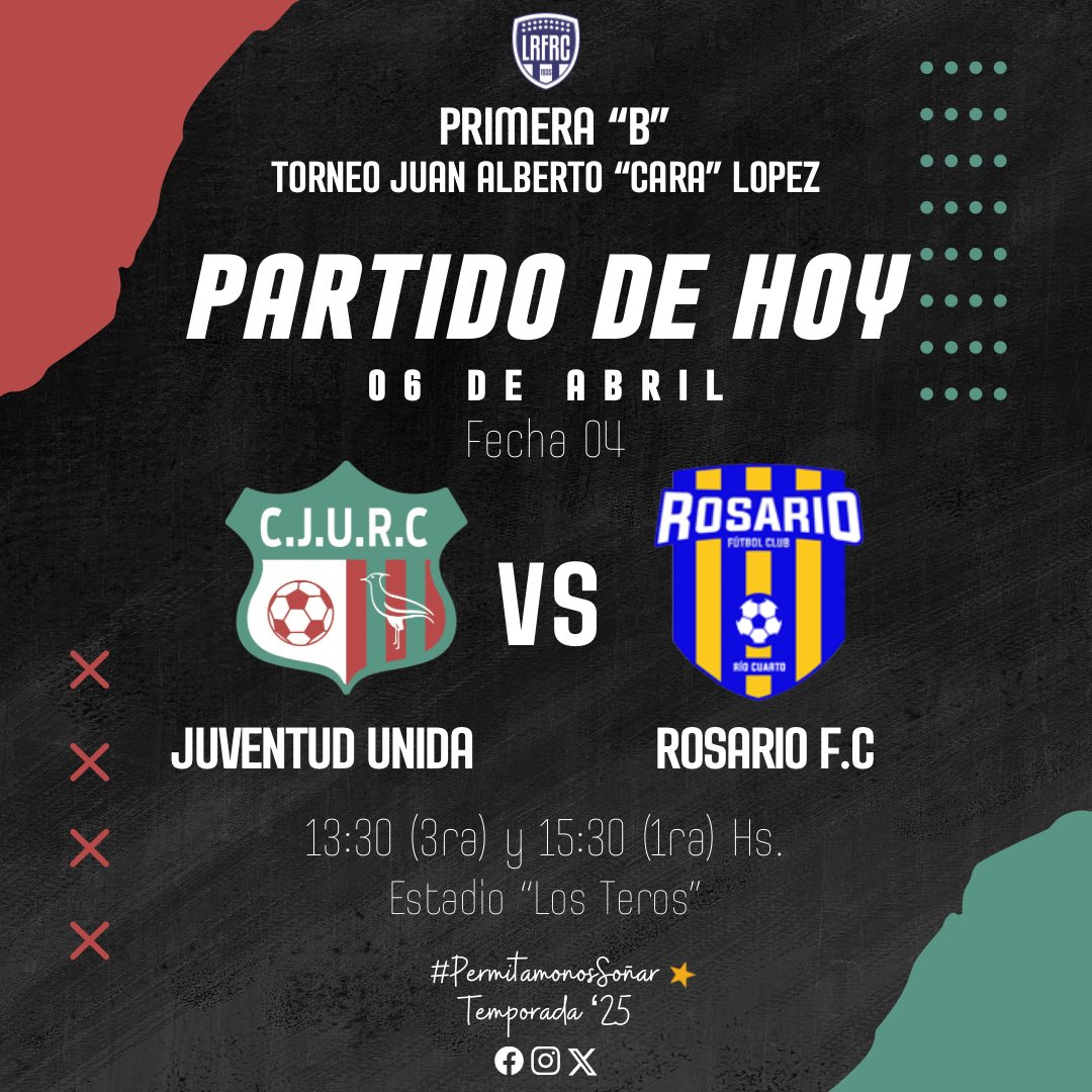 𝙍𝙁𝙍𝘾
#𝗣𝗿𝗶𝗺𝗲𝗿𝗮𝗕
𝙋𝙖𝙧𝙩𝙞𝙙𝙤 𝙙𝙚 𝙝𝙤𝙮 

En una nueva fecha del campeonato el #Tricolor recibe a #Rosario en #LosTeros desde las 13:30 HS.
Esperamos a todos que nos acompañen 💪

#𝑷𝒆𝒓𝒎𝒊𝒕𝒂𝒎𝒐𝒏𝒐𝒔𝑺𝒐𝒏̃𝒂𝒓 ⭐