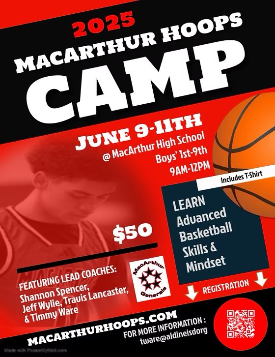 Coach Spencer (@shannonaspencer) on Twitter photo Looking forward to our 1st camp this summer <a href="/BigMacHoops/">MacArthur Generals Basketball</a>! We have a great staff ready to serve the community. <a href="/AldineISD/">Aldine ISD</a> <a href="/AldineSports/">AldineISDSports</a> <a href="/MacArthur_AISD/">MacArthur Senior High - AISD</a> <a href="/GoBigRedFB/">MacArthur Generals</a> <a href="/coachb_ware/">Blake Ware</a> <a href="/TimmyWare10/">Timmy ware</a> <a href="/CoachJeffWylie/">St. Anne Knights</a> <a href="/HambrickMS_AISD/">Hambrick</a> <a href="/OrangeGroveAISD/">Orange Grove Tigers</a> <a href="/Escamilla_AISD/">Escamilla Elementary School</a> <a href="/Grantham_ATH/">Grantham Academy Athletics</a> Looking forward to our 1st camp this summer <a href="/BigMacHoops/">MacArthur Generals Basketball</a>! We have a great staff ready to serve the community. <a href="/AldineISD/">Aldine ISD</a> <a href="/AldineSports/">AldineISDSports</a> <a href="/MacArthur_AISD/">MacArthur Senior High - AISD</a> <a href="/GoBigRedFB/">MacArthur Generals</a> <a href="/coachb_ware/">Blake Ware</a> <a href="/TimmyWare10/">Timmy ware</a> <a href="/CoachJeffWylie/">St. Anne Knights</a> <a href="/HambrickMS_AISD/">Hambrick</a> <a href="/OrangeGroveAISD/">Orange Grove Tigers</a> <a href="/Escamilla_AISD/">Escamilla Elementary School</a> <a href="/Grantham_ATH/">Grantham Academy Athletics</a>