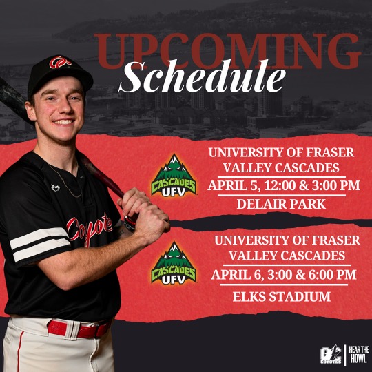 Okanagan College Coyotes Baseball (@yotesbaseball) on Twitter photo Yotes pick up two wins on the road against <a href="/UFVCascades/">UFV Cascades</a> with scores of 9-5 and 9-3. Braddick and Head pick up wins out of the bullpen. Next up same Cascades back at Kelowna at Elks Stadium at 3:00pm & 6:00pm. It's minor baseball day with lots of great prizes to be won at the Yotes pick up two wins on the road against <a href="/UFVCascades/">UFV Cascades</a> with scores of 9-5 and 9-3. Braddick and Head pick up wins out of the bullpen. Next up same Cascades back at Kelowna at Elks Stadium at 3:00pm & 6:00pm. It's minor baseball day with lots of great prizes to be won at the