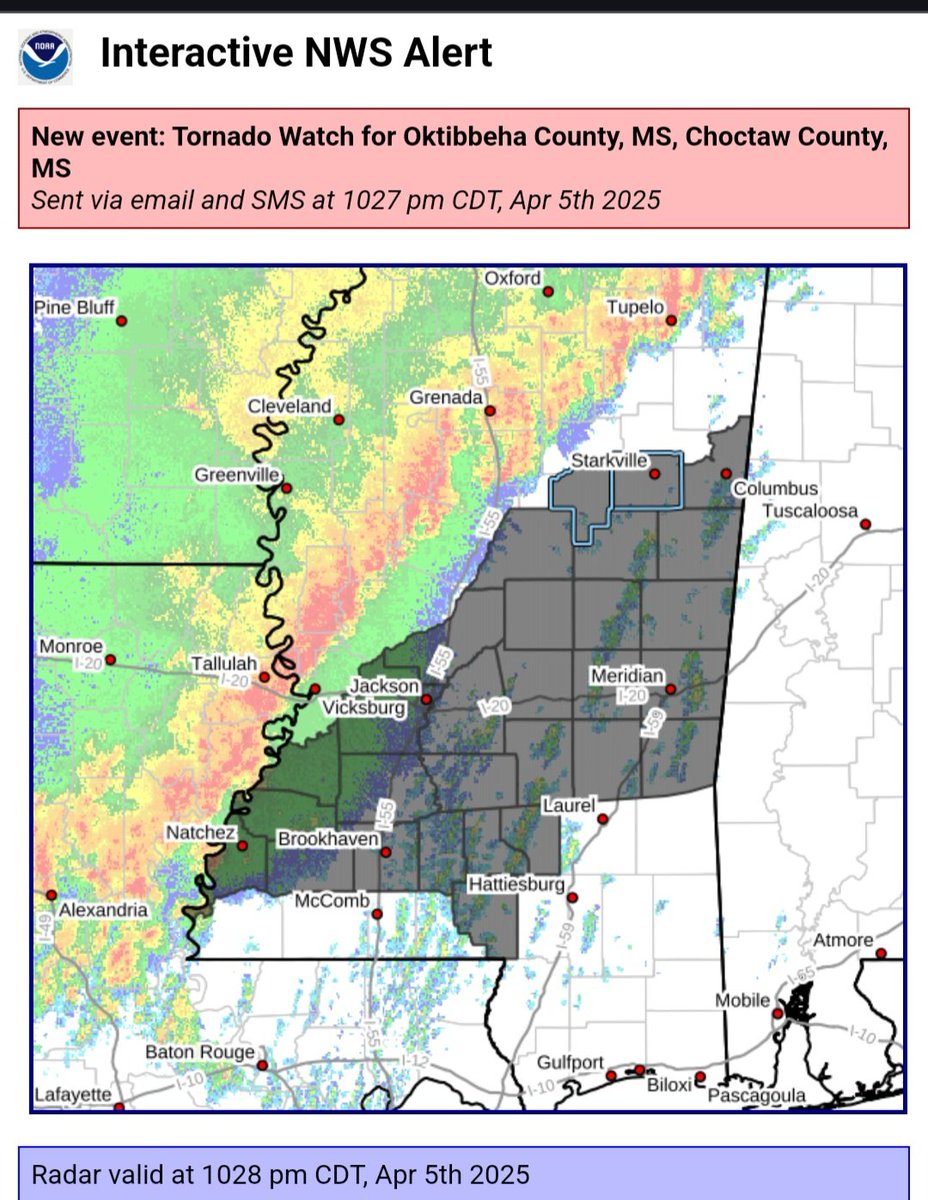 New event. Tornado Watch from 4/5/2025 10:26 PM  to 4/6/2025 5:00 AM CDT for Oktibbeha County, MS inws.ncep.noaa.gov/a/a.php?i=1123…