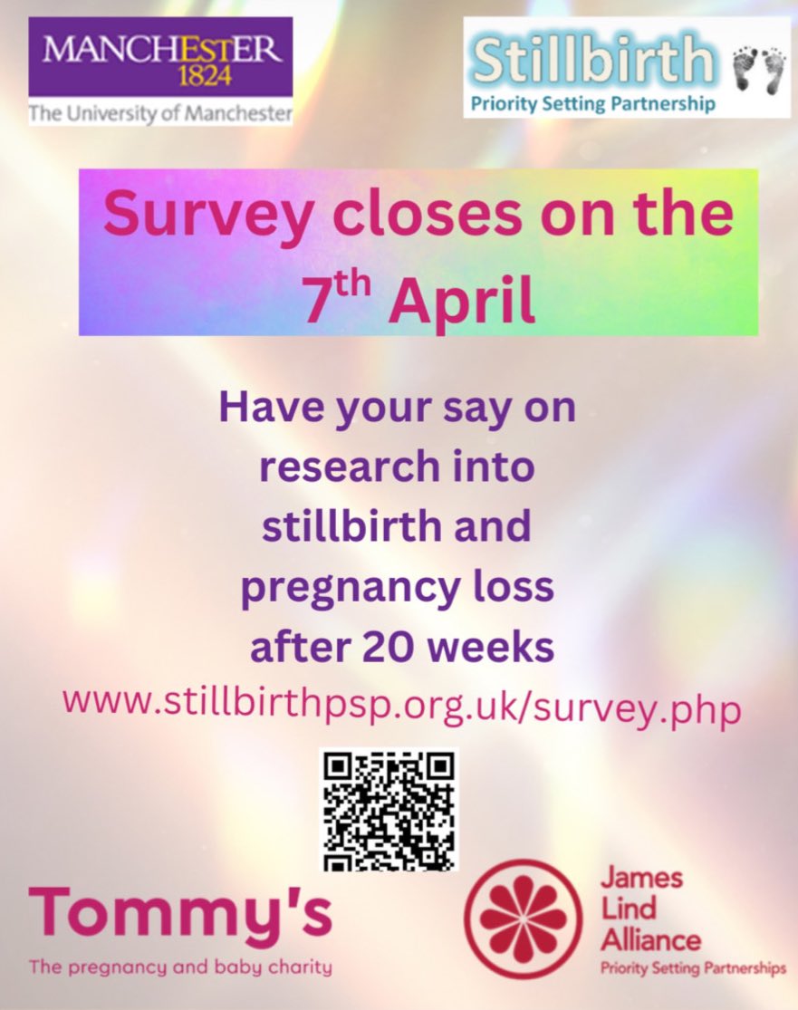 Have your say, now!

The Priority Setting Partnership survey is closing on 7th April. 

Click the link to complete it now: stillbirthpsp.org.uk/survey.php

We need parents, families, health professionals… anyone impacted by the death of a baby.

<a href="/MCR_SB_Research/">Alexander Heazell</a> <a href="/tommys/">Tommy's</a>