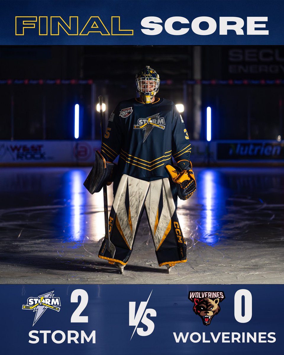 STORM WIN!!! ⚡️
Jones said “NOT TODAY” with the shutout! 🔥

Goals from:
Kaiden Bugera
Max Leduc

Back in GP for Round 2, Games 3 &amp; 4 Monday and Tuesday. #LetsGoStorm Time to pack the barn and keep this streak alive!
