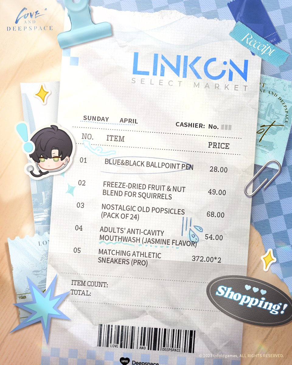 Love_Deepspace's tweet photo. 🧾Those little slips of paper, light as air, are still vivid memories waiting to be read!

Pull out your latest [shopping receipt] with him, and piece together the little moments of your daily life ↓
Who added this to the cart? How did you use it in your life?

🛒Is there a must-buy item you always pick up when shopping together?
Drop it into the cart in P6 and bring it home. You can share in pictures or words!
We will randomly select 5 Hunters from the comments to receive a redeem code for [Diamond*100, Stamina*100, Gold*10,000]!

#LoveandDeepspace
