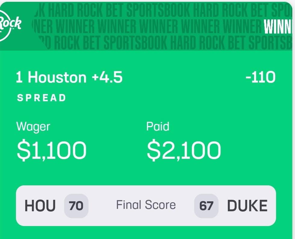 theFlashCash's tweet image. 💰💰 Houston +4.5 #Cash it!! 💰💰

1-1 day. Hell of a game. Makes it a bit sweeter after that Auburn loss. 

11-6-1 during March Madness. I’ll take it.