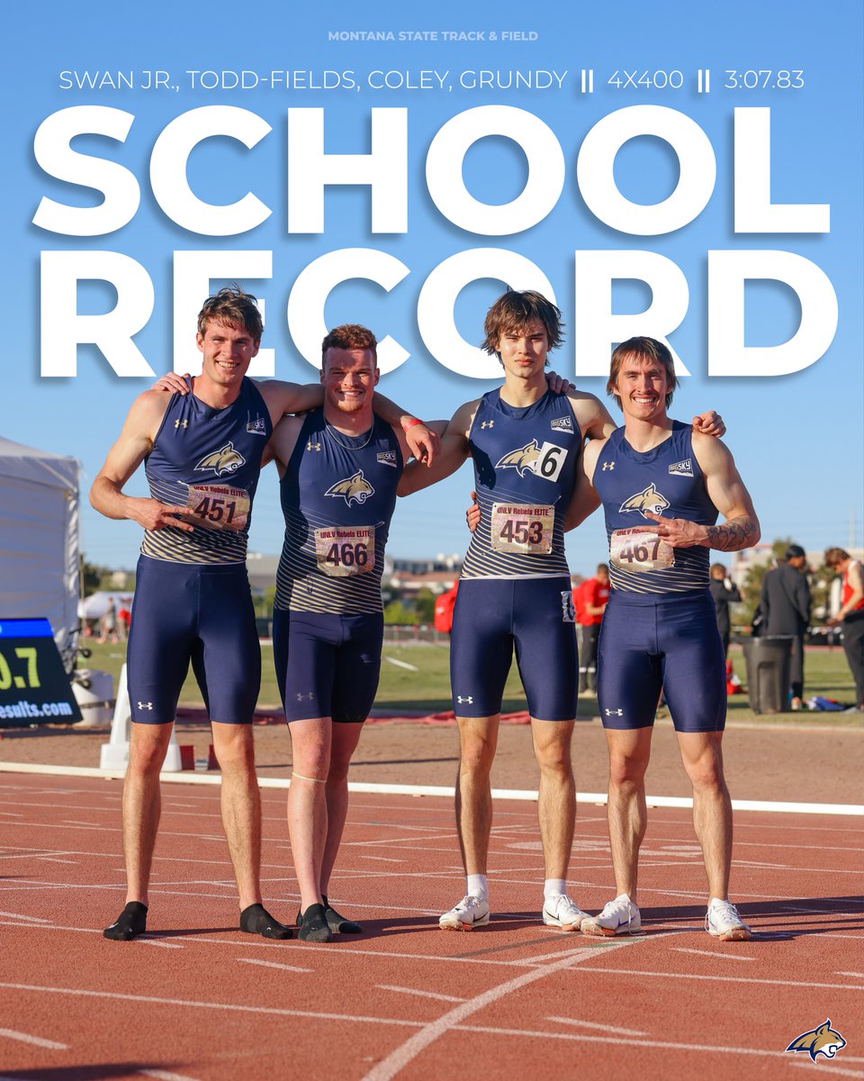 MSUBobcatsTFXC's tweet photo. 𝗦𝗖𝗛𝗢𝗢𝗟 𝗥𝗘𝗖𝗢𝗥𝗗 ⚡️

The squad of Michael Swan Jr., Stryder Todd-Fields, Nash Coley, and Jett Grundy break the school record in the men's 4x400 relay clocking a 3:07.83! 🤯

#GoCatsGo https://t.co/hnrB7bEcuL
