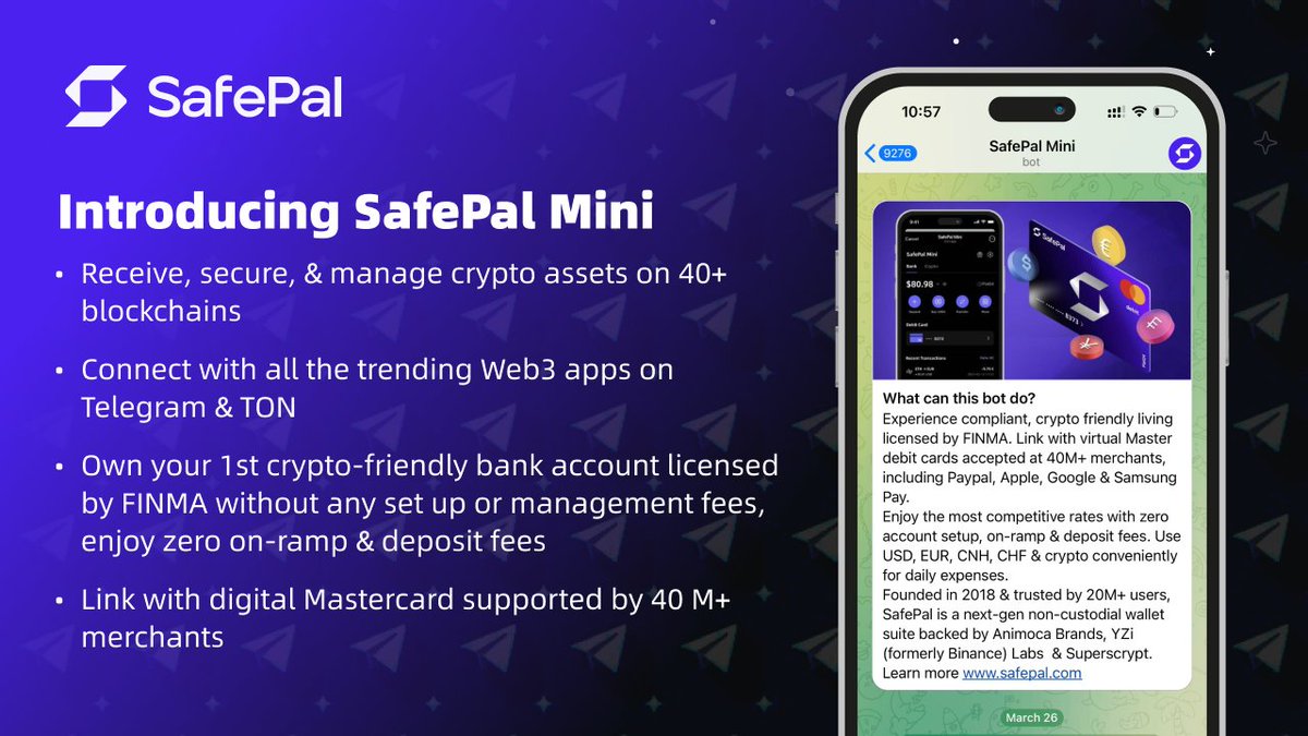 Introducing SafePal Mini, the telegram wallet with crypto frenly banking &  #Mastercard supported by 40 M+ merchants ✓Manage assets on 40+ blockchains  ✓Connect with trending Telegram & TON apps ✓Crypto bank account