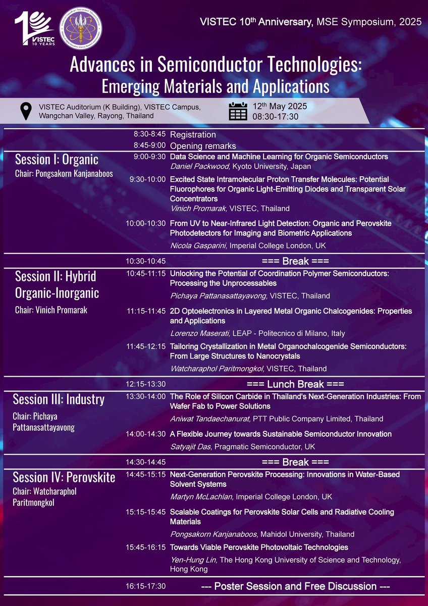 MSE at VISTEC is hosting a symposium on "Advances in Semiconductor Technologies: Emerging Materials and Applications" on 12 May 2025, at VISTEC, K Bldg.

🔗 Register here: forms.gle/kgUSGvVvdHcnGV…

Save the date and join us for this exciting and insightful event!