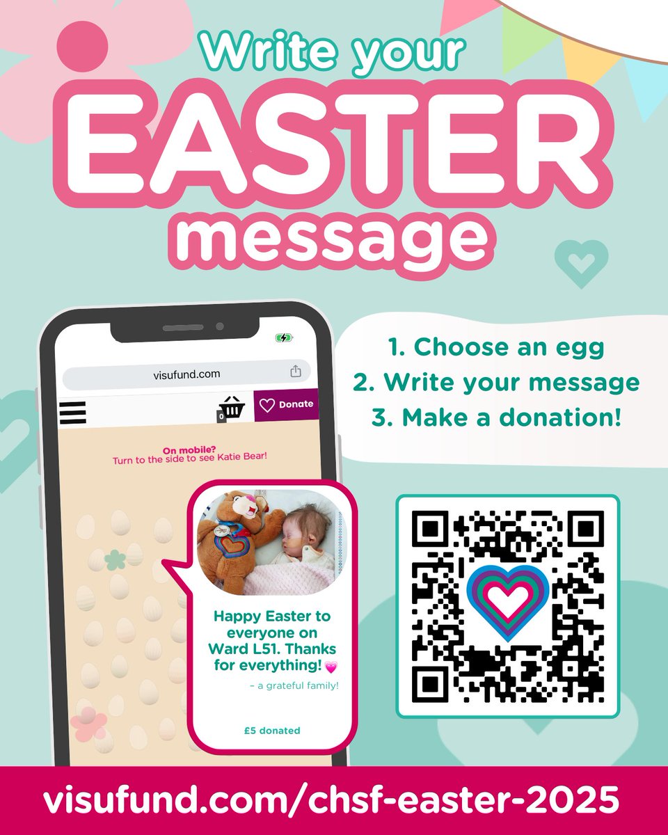 Do something egg-stra special for our staff and heart warriors staying at Leeds Congenital Heart Unit this Easter 💚🐰

Help us give our heart unit the hop-piest Easter! Donate now at visufund.com/chsf-easter-20… 🔗🩷