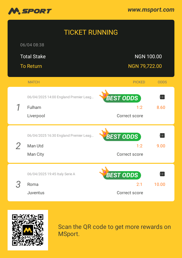 This is my bet ticket on MSport: Stake ₦100.00, To return ₦79,722.00! Extra ₦500,000 Giveaway for everyone:
msport.com/ng/share/ticke…