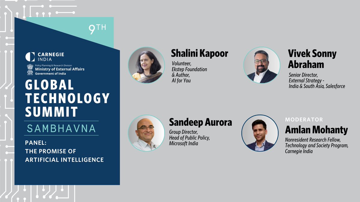 Carnegie India (@carnegieindia) on Twitter photo How can “build more with less” breakthroughs help democratize #AI for social good? What will it take to build global consensus for safe, human-centric #AI?
Join <a href="/abhish18/">abhishek singh</a>, Stefan Schnorr, <a href="/Aditi_Jha/">Aditi Jha</a>, Rohit Chauhan, <a href="/sandeepaurora/">sandeep aurora 🇮🇳</a>, <a href="/shalinikap/">Shalini Kapoor</a>, <a href="/vivek_abraham_/">Vivek Sonny Abraham</a> & <a href="/amlanjo/">Amlan Mohanty</a> at the How can “build more with less” breakthroughs help democratize #AI for social good? What will it take to build global consensus for safe, human-centric #AI?
Join <a href="/abhish18/">abhishek singh</a>, Stefan Schnorr, <a href="/Aditi_Jha/">Aditi Jha</a>, Rohit Chauhan, <a href="/sandeepaurora/">sandeep aurora 🇮🇳</a>, <a href="/shalinikap/">Shalini Kapoor</a>, <a href="/vivek_abraham_/">Vivek Sonny Abraham</a> & <a href="/amlanjo/">Amlan Mohanty</a> at the