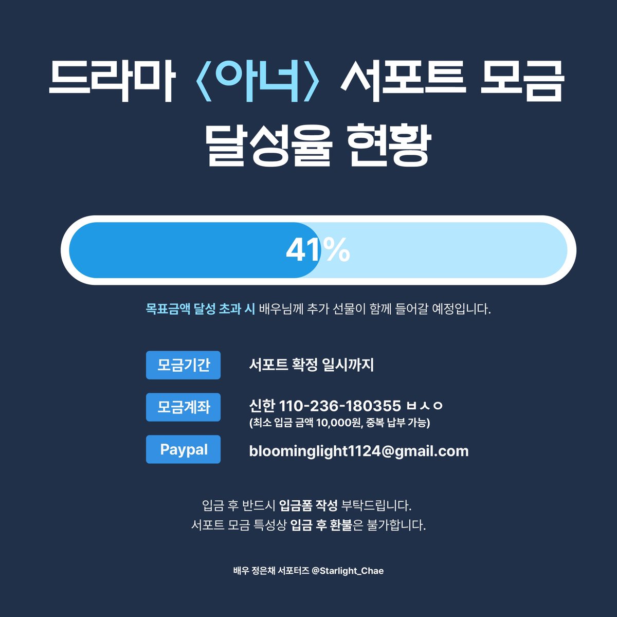 🩵드라마 <아너> 커피차 서포트 모금 달성율🩵

🩵 41% 달성🩵

모금 기간 : 서포트 확정 일시까지(별도 공지)
모금 계좌 및 Paypal : 사진 참고
입금폼 : forms.gle/AZgEmFa9HdwSih…

* 입금 후 입금폼 작성 부탁드립니다.
#정은채 #jungeunchae