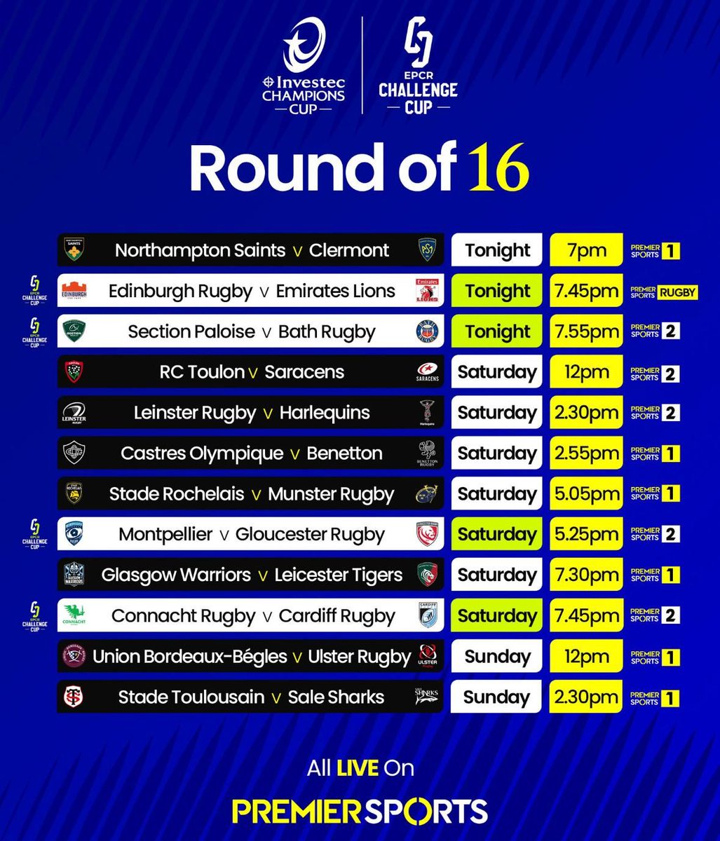 Two games remain in the <a href="/ChampionsCup/">Investec Champions Cup</a> Round of 16. 

Can't wait to call the entertainers, <a href="/StadeToulousain/">Stade Toulousain</a> v <a href="/SaleSharksRugby/">Sale Sharks 🦈</a> LIVE on <a href="/PremSportsTV/">Premier Sports</a> from 2.30pm this afternoon.

#InvestecChampionsCup