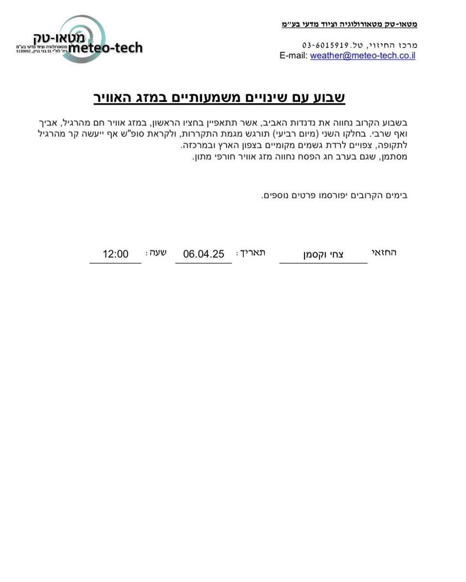 TechMeteo's tweet image. שבוע עם שינויים משמעותיים במזג האוויר 

@TechMeteo 
#מטאוטק
תחזיתלפסח