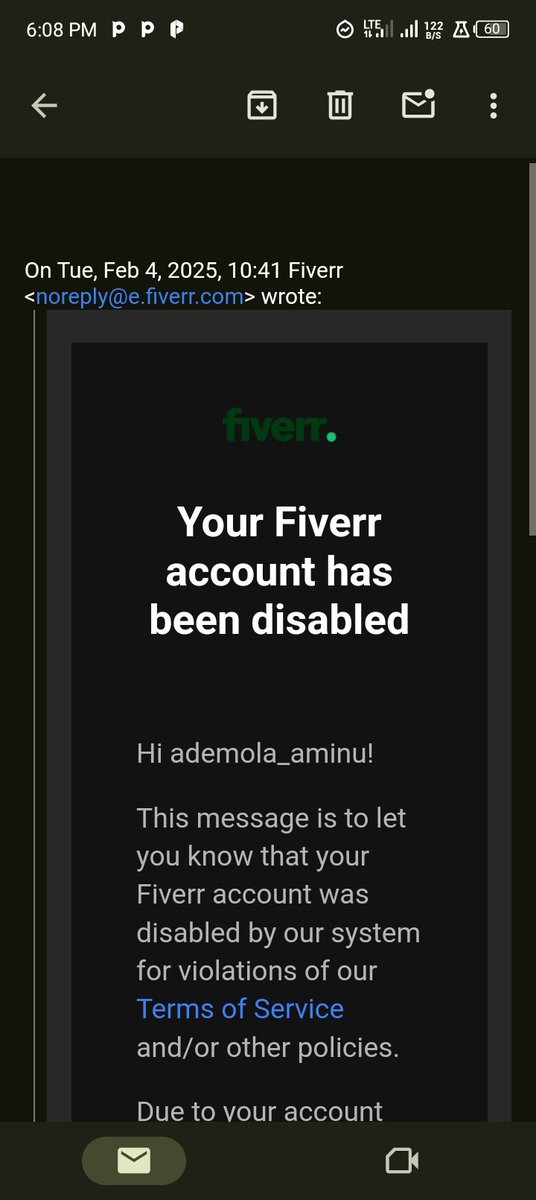 <a href="/fiverr/">Fiverr</a> Request to Withdraw Funds from Disabled Account
Message: Hello Fiverr Support,
My account (username: ademola_aminu) was disabled on February 4, 2025, due to a Terms of Service violation. According to your policy, funds are held for 90 days. That time has now passed..