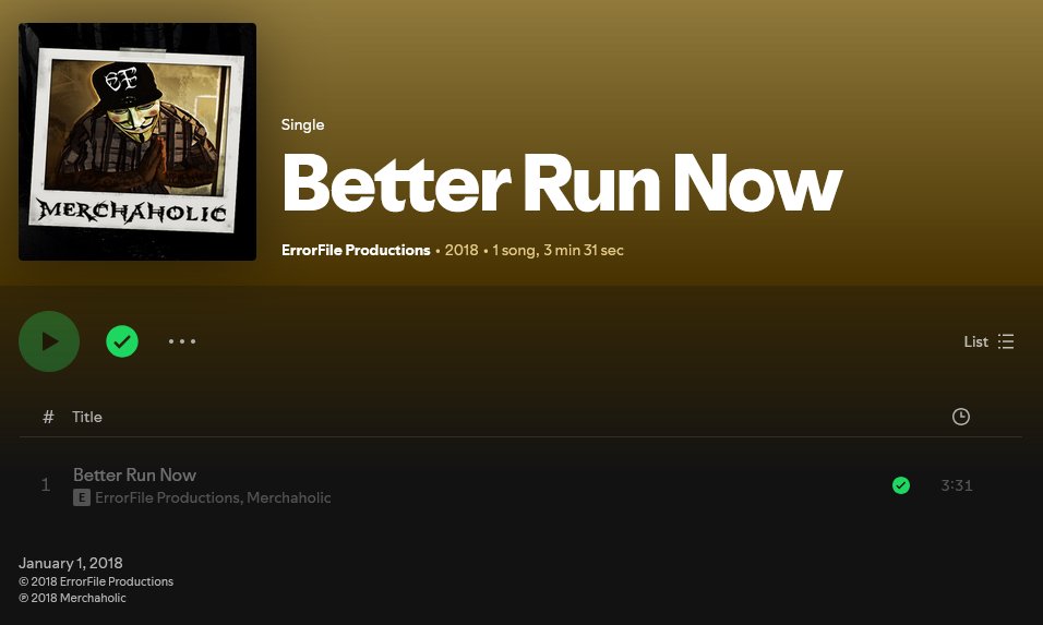 ErrorFileProd's tweet image. Our song "Better Run Now" has gotten removed from Spotify, etc. I'm working with the distribution service that I used to release it. Me and @Merchaholic have noticed the song has disappeared. Just after it got added to a big playlist last month &amp;amp; got a nice uplift in streams.