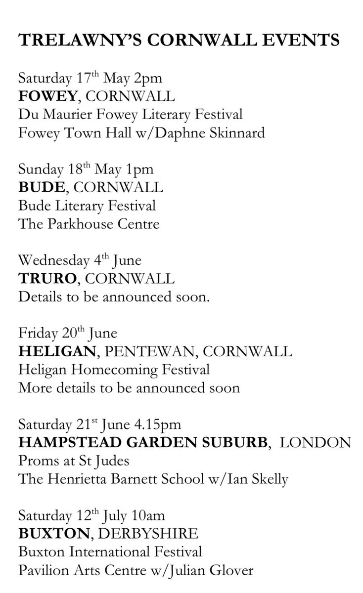 Trelawny’s Cornwall comes out in paperback on May 29th.  And I’ll be talking Cornwall in Fowey, Bude, Truro, Heligan, Hampstead Garden Suburb and Buxton over the next few months. ⁦<a href="/wnbooks/">W&N</a>⁩