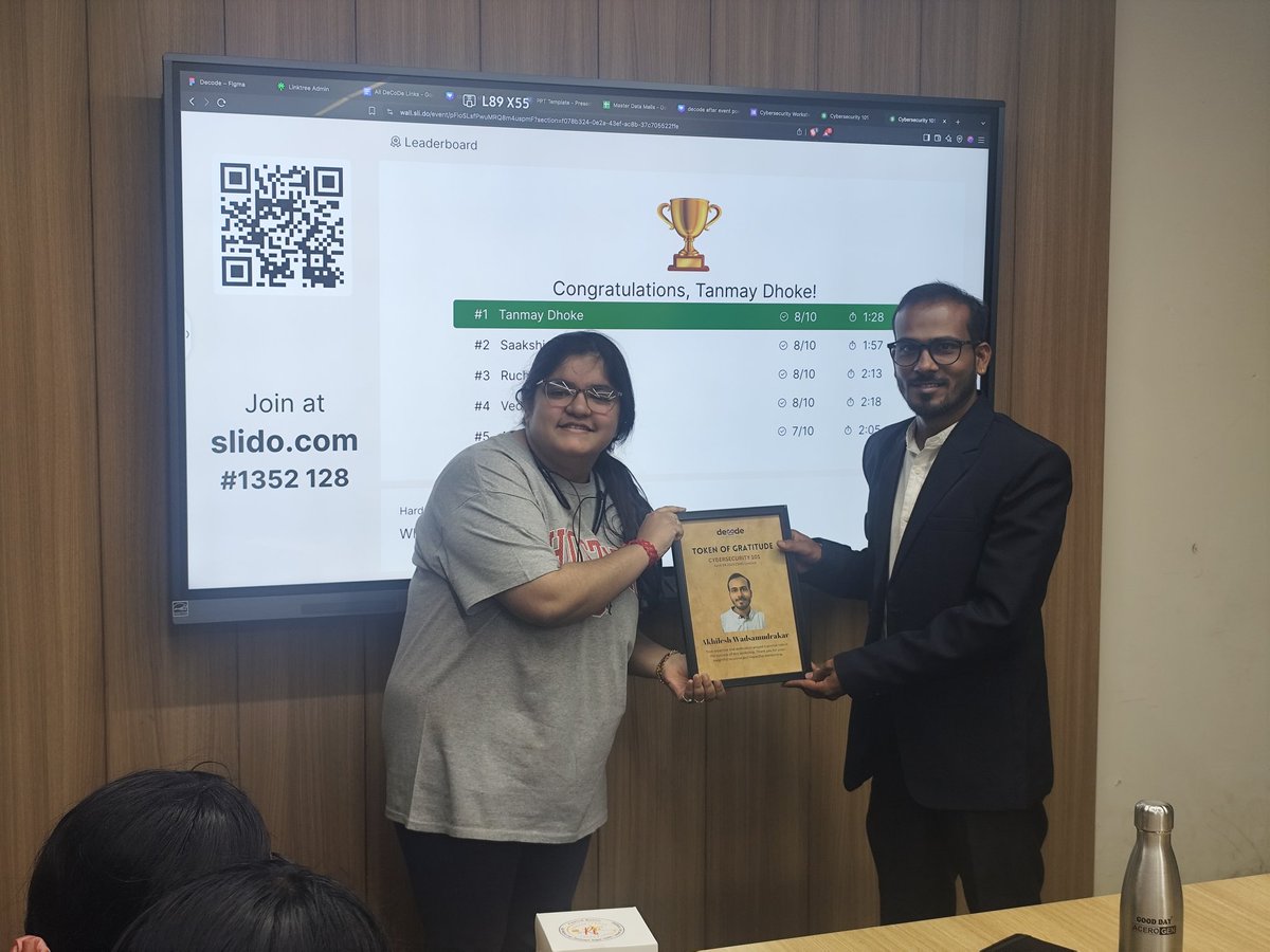 CommunityDecode's tweet image. Cybersecurity 101 was a blast!
Big thanks to @Hackers_Meetups & Akhilesh Wadsamudrakar for an insightful session on IDAM & Vulnerability Management!.
Thank you all for participating.
See you soon with more such events
#Cybersecurity #DecodeCommunity #HackersMeetup