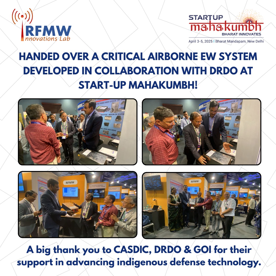 RFMW_'s tweet photo. 🚀 Successfully handed over a cutting-edge Airborne EW system, developed with DRDO, at #StartUpMahakumbh!

A key step towards strengthening indigenous defence 🇮🇳

Big thanks to DRDO &amp; CASDIC for the support.

#DRDO #CASDIC #DefenceTech #MakeInIndia #AtmanirbharBharat #rfmw https://t.co/WyZRx1aQtt