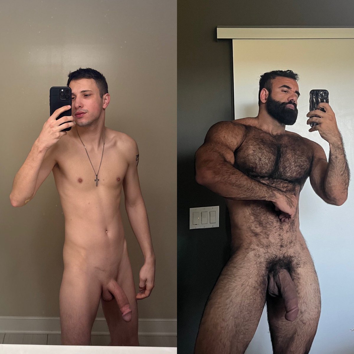 Two circumcised guys: one smooth as silk 🪒, prob shaves daily for that clean look ✨; the other rocking the hairy vibe 🦁. Which style shows off their manly circumcised cocks best? 🍆💪 Vote below &amp; share your thoughts! #CircumcisionStyle #ManlyBits #SmoothVsHairy