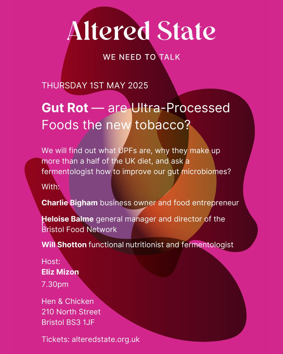 GUT ROT - ARE ULTRA-PROCESSED FOODS THE NEW TOBACCO?

Early birds expire midnight Sun 6th,headfirstbristol.co.uk/checkout/alter…

<a href="/CharlieBighams/">charliebighams</a> <a href="/bgf2030/">Bristol Good Food 2030</a> <a href="/ElizMizon/">Eliz Mizon</a>
#food #upfs #gutmicrobiome #guthealth #talks #ultraprocessedfoods #ultraprocessed #bristoltalks #bristolevents #whatsonbristol