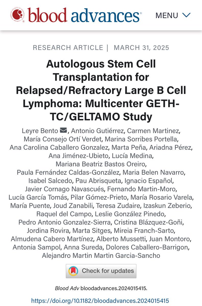 Fernando Martín Moro (@fer_martinmoro) on Twitter photo Just in press!!
Autologous SCT for Relapsed/Refractory Large B Cell #Lymphoma: Multicenter GETH-TC/GELTAMO Study | <a href="/BloodAdvances/">Blood Advances</a> 🗞️
Spanish collaborative experience on behalf of <a href="/GETH_info/">GETH</a> and <a href="/geltamo/">GELTAMO</a>
Congrats <a href="/leyrebento/">Leyre Bento</a> <a href="/amgarciasancho/">Alejandro Martín García-Sancho</a>!
👉🏻 doi.org/10.1182/blooda… Just in press!!
Autologous SCT for Relapsed/Refractory Large B Cell #Lymphoma: Multicenter GETH-TC/GELTAMO Study | <a href="/BloodAdvances/">Blood Advances</a> 🗞️
Spanish collaborative experience on behalf of <a href="/GETH_info/">GETH</a> and <a href="/geltamo/">GELTAMO</a>
Congrats <a href="/leyrebento/">Leyre Bento</a> <a href="/amgarciasancho/">Alejandro Martín García-Sancho</a>!
👉🏻 doi.org/10.1182/blooda…