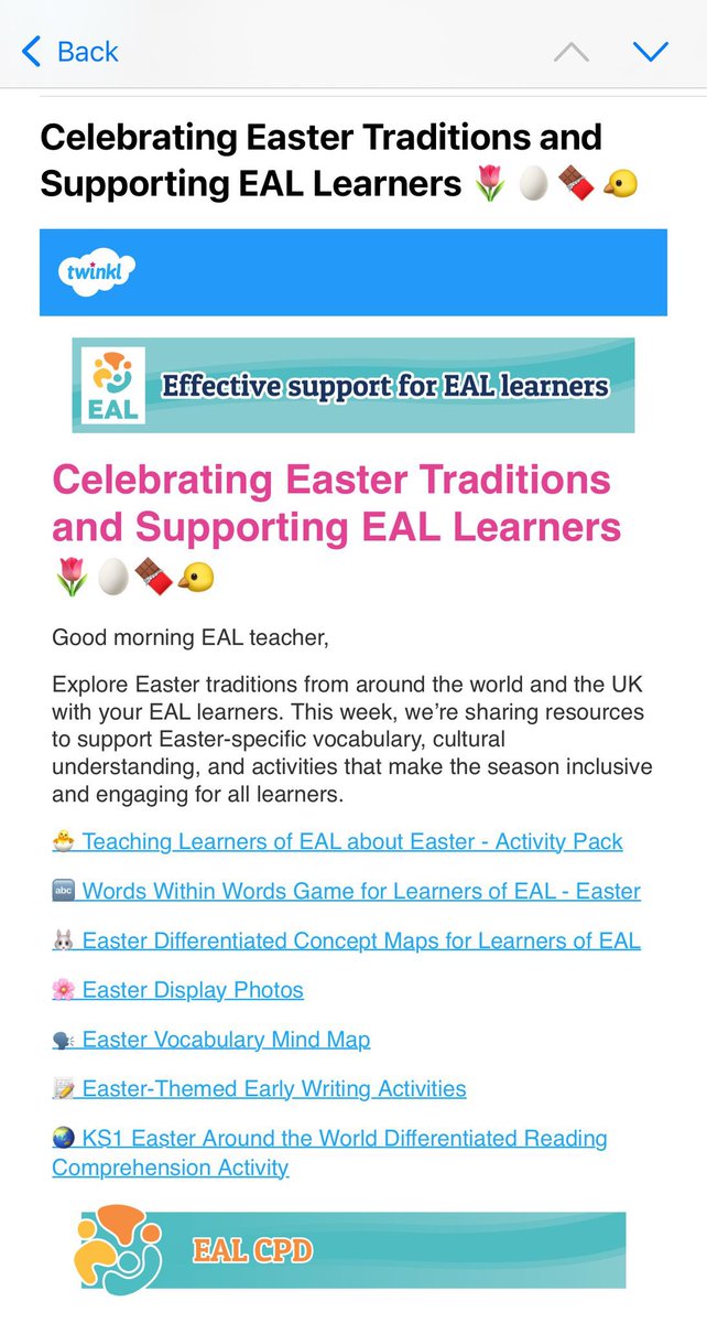 Open your free #EAL newsletter this morning featuring:

🐣 Easter Resources
🏴󠁧󠁢󠁥󠁮󠁧󠁿 St George’s Day Resources
🎟️ Free tickets to our June CPD events with <a href="/RefugeeEdUK/">Refugee Education UK</a> and <a href="/JoteachesEAL/">Jo teaches EAL</a> 
🎥 Missed out on our <a href="/TraineeTwinkl/">Twinkl Trainee Teachers & ECTs</a> CPD? Watch the recording 
🆓 One free resource of your choice