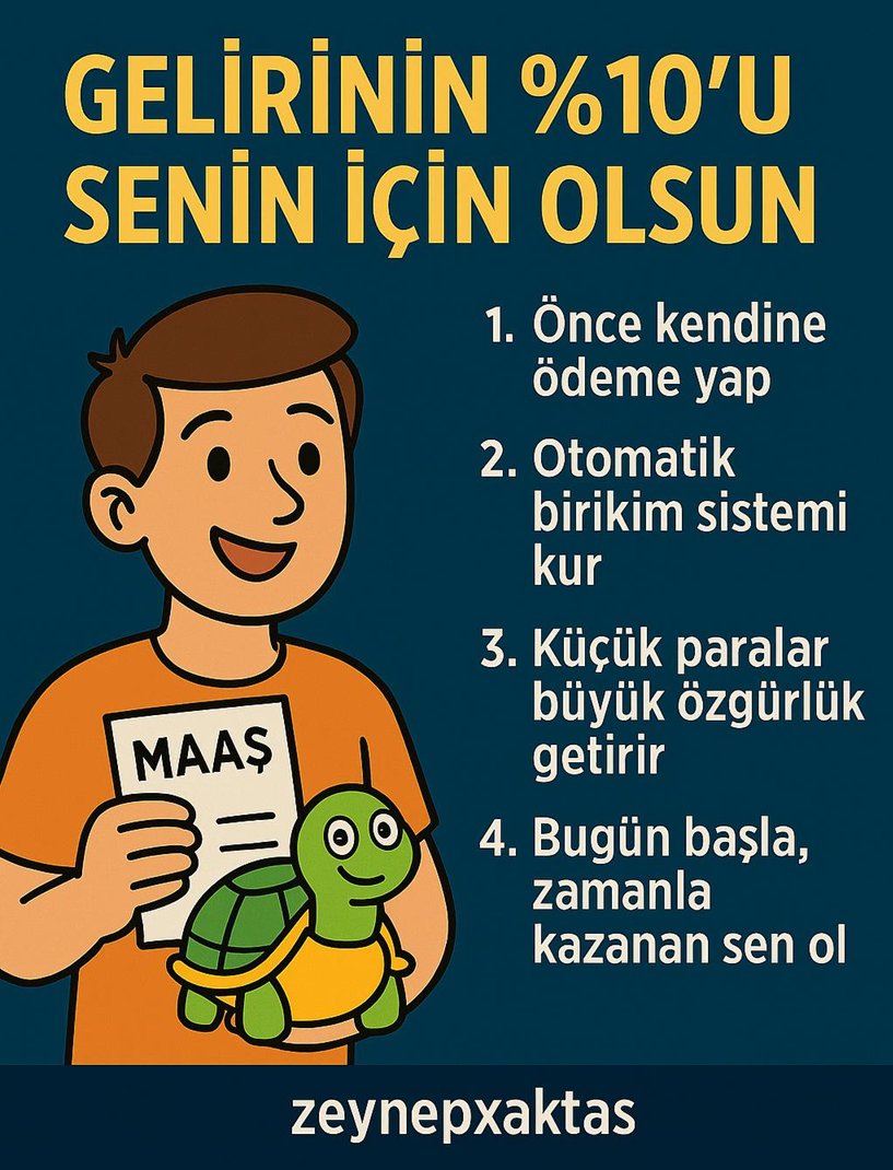 zeynepxaktas's tweet photo. Finansal özgürlük büyük maaşla değil, küçük ama istikrarlı adımlarla başlar.
Kural basit ama etkili:
Her ay kazandığının %10’unu önce kendin için ayır.
⸻
Neden mi?
• Kendine ödeme yapmadığın her ay, başkaları için çalışırsın.
• Otomatik birikim sistemi seni disipline sokar.
• Küçük birikimler zamanla büyür, büyük hedeflerin temelini oluşturur.
• “Bugün küçük” dediğin şey, yarın yatırım fırsatına dönüşebilir.
⸻
Kaplumbağa yavaş gider ama hep ilerler.
Senin birikimin de öyle olmalı.
⸻
Soru şu:
Sen şu anda gelirinin yüzde kaçını biriktiriyorsun?