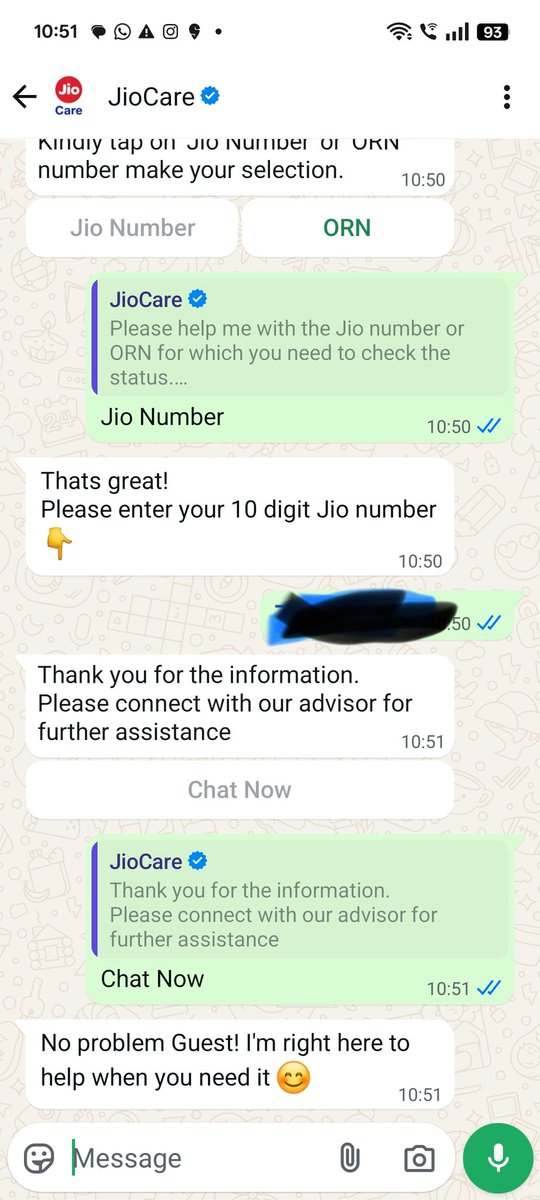 souravg83's tweet photo. @JioCare Even the WhatsApp chat sucks. No response from any support team. Automated chat ending. Where the hell is my SIM card? Please help @DoT_India https://t.co/RsZtYGYdkK