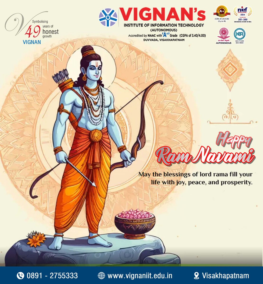 Wishing everyone a joyous Ram Navami! May Lord Rama's blessings bring you peace and prosperity. #RamNavami #VignanIIT #Visakhapatnam