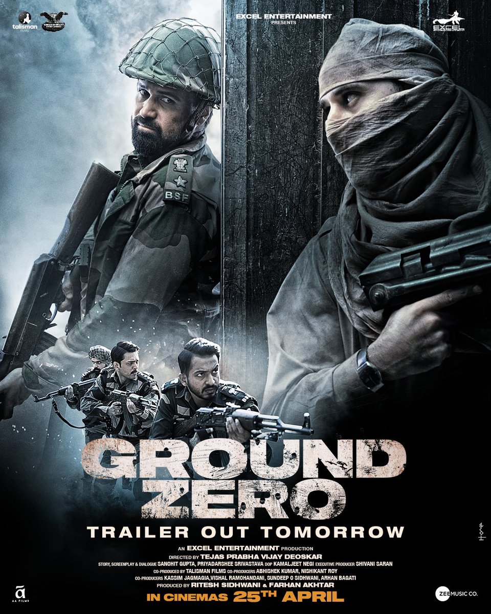Ritesh Sidhwani (@ritesh_sid) on Twitter photo A faceless enemy in shadows, a soldier in pursuit. #GroundZero, trailer out tomorrow.
<a href="/emraanhashmi/">Emraan Hashmi</a> <a href="/SaieTamhankar/">Sai</a> <a href="/zyhssn/">Zoya Hussain</a> <a href="/tejasdeoskar/">Tejas Prabha Vijay Deoskar 🇮🇳</a> <a href="/FarOutAkhtar/">Farhan Akhtar</a> <a href="/sanchit421/">Sanchit Gupta</a> <a href="/iampriyadarshee/">Priyadarshee</a> <a href="/J10kassim/">Kassim Jagmagia</a> <a href="/vishalrr/">Vishal Ramchandani</a> #SundeepSidhwani <a href="/Sheksabhi/">Abhishek kumar</a> <a href="/Roynishikant/">Nishikant Roy</a> <a href="/IamArhanBagati/">Arhan Bagati</a> <a href="/TheSaranFiles/">Shivani Saran</a> A faceless enemy in shadows, a soldier in pursuit. #GroundZero, trailer out tomorrow.
<a href="/emraanhashmi/">Emraan Hashmi</a> <a href="/SaieTamhankar/">Sai</a> <a href="/zyhssn/">Zoya Hussain</a> <a href="/tejasdeoskar/">Tejas Prabha Vijay Deoskar 🇮🇳</a> <a href="/FarOutAkhtar/">Farhan Akhtar</a> <a href="/sanchit421/">Sanchit Gupta</a> <a href="/iampriyadarshee/">Priyadarshee</a> <a href="/J10kassim/">Kassim Jagmagia</a> <a href="/vishalrr/">Vishal Ramchandani</a> #SundeepSidhwani <a href="/Sheksabhi/">Abhishek kumar</a> <a href="/Roynishikant/">Nishikant Roy</a> <a href="/IamArhanBagati/">Arhan Bagati</a> <a href="/TheSaranFiles/">Shivani Saran</a>