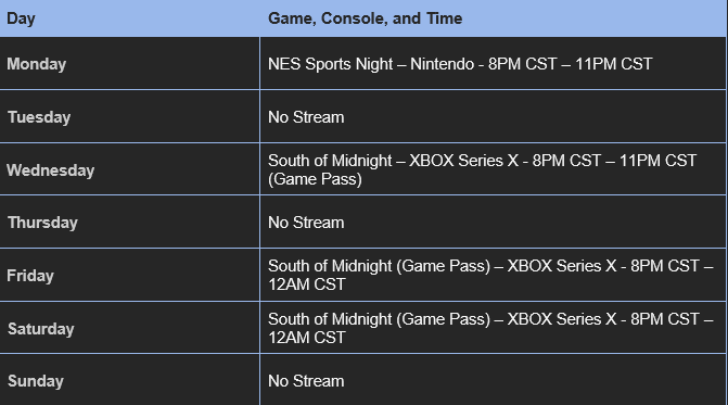 316Glock's tweet image. Here's the stream schedule for 04/07 - 04/13.  We have some retro sports and a new release this week. #StreamingSchedule twitch.tv/glock316