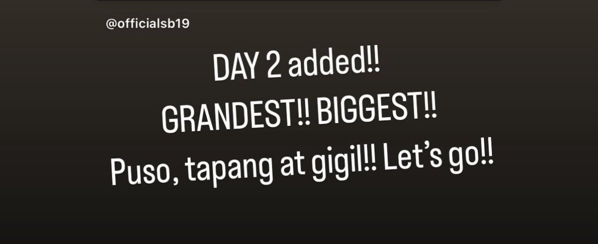 IG Story of 1Z Entertainment’s COO:

“Day 2 added!! GRANDEST!! BIGGEST!! Puso, tapang at gigil!!”

Ay kuya <a href="/yanidedios/">Julian de Dios</a> miss <a href="/irmayzing/">Irmay Ledesma</a> sagarin niyo na yan. Announce na rin kayo ng Livestream after ma sold-out ng Day 2 💅

MAY DAY2 ANG SAW
ASAP DAMination
<a href="/SB19Official/">SB19 Official</a> #SB19