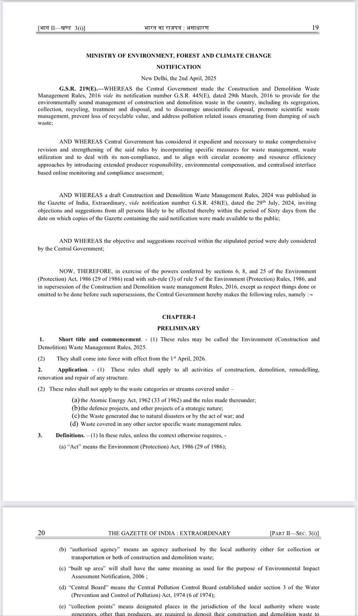 India’s Construction Revolution | C&amp;D Rules 2025 Are Here 
The Construction &amp; Demolition Waste Management Rules, 2025, notified by the Government of India, will be enforced from April 1, 2026. For the first time, the construction sector is under a mandatory Extended Producer