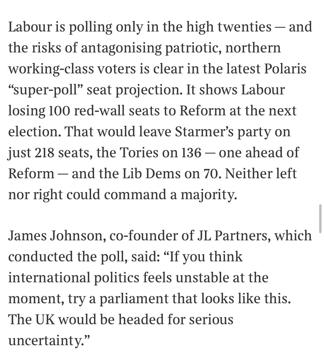 JLPartnersPolls's tweet photo. NEW: @JLPartnersPolls POLARIS forecast in The Sunday Times
🔴 LAB 218 (-193)
🔵 CON 136 (+15)
🟣 REF 135 (+130)
🟡 LDEM 70 (-2) https://t.co/29sV6hTjvN