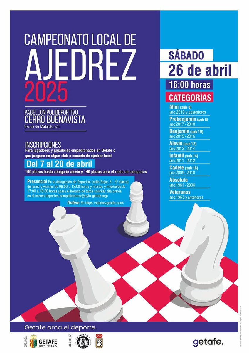 Mañana se abre el plazo de inscripción del Campeonato Local de #Ajedrez que celebraremos el sábado 26 de abril, con la colaboración de <a href="/ajedrezgetafe/">Ajedrez Getafe</a> y <a href="/FMA_ajedrez/">Federación Madrileña de Ajedrez</a>, en el Pabellón Polideportivo "Cerro Buenavista" 🏆♟️🔝

‼️Inscripciones hasta el 20 de abril‼️

#Getafe #Deporte