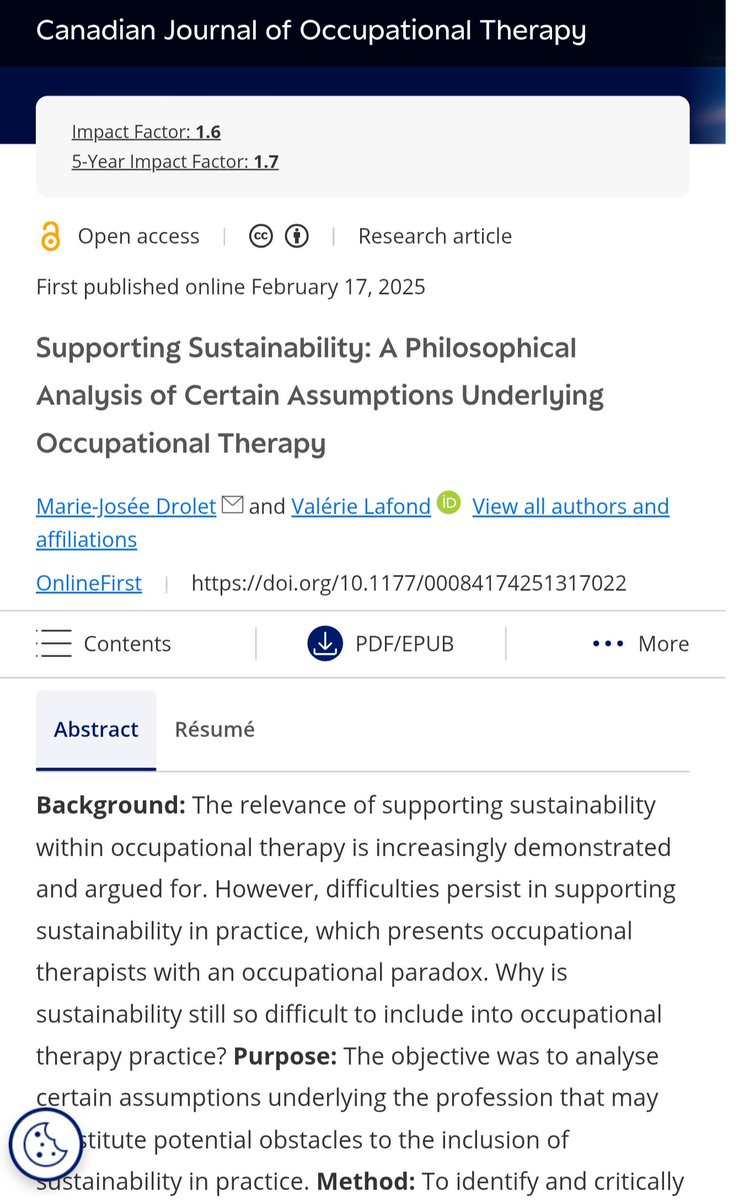 <a href="/CJOT_RCE/">CJOT/RCE</a> is becoming a favourite journal!  Why?  
Authors take deep, thoughtful dives into topical subjects, often using innovative methods.  Also, many free to read articles. 
Why not share your favourite #OccupationalTherapy journal?
Two examples from early view